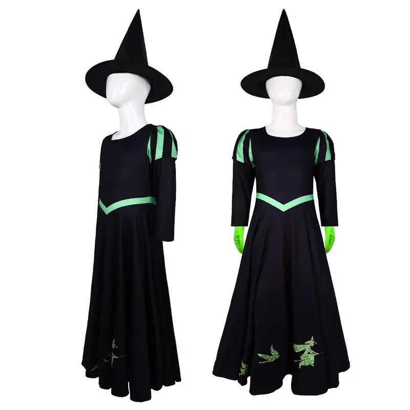Wicked Musical Elphaba Cosplay Costume with Hat Black Victorian Skirt Dress Stage Performance Halloween Party Theme Clothing # 1