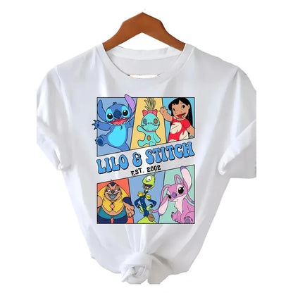 T-shirt en coton imprimé Stitch pour garçons, filles et adultes, haut polyvalent et tendance pour le quotidien en été