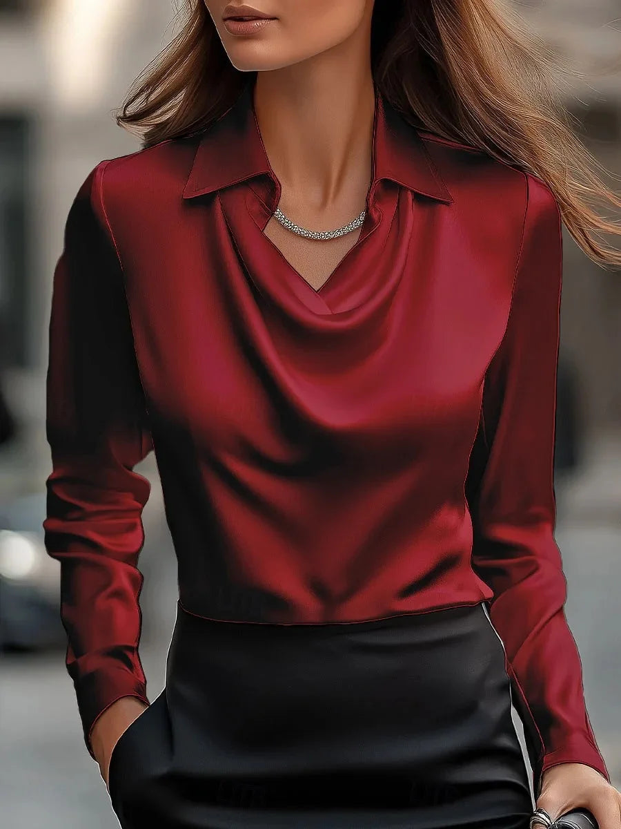 Women's Elegant Satin Shirt, Printed Blouse, V-Neck, Long Sleeves, Solid Color, Loose Fit, Casual Top for Office, New Collection