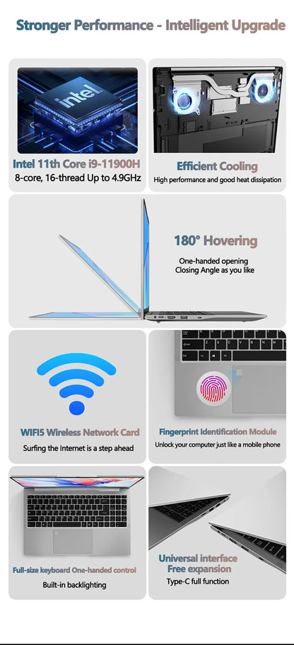 Gaming Laptop 16 Inch Intel Core I9-11900H 32 GB RAM 2TB SSD Fingerprint Unlock 8 Cores 16 Threads Wifi6 HD Camera DDR4 Computer