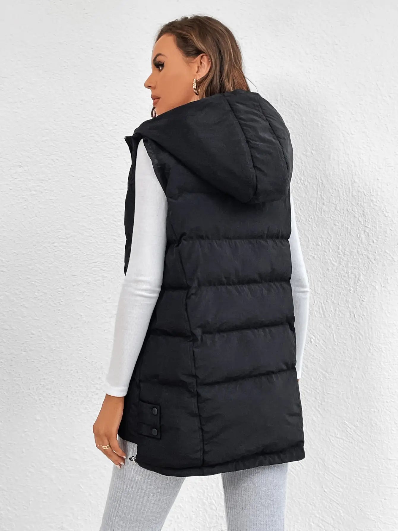 Cross-border Foreign Trade Europe and the United States Solid Color Cotton Jacket Hooded Long Zipper Cotton Vest Coat Female