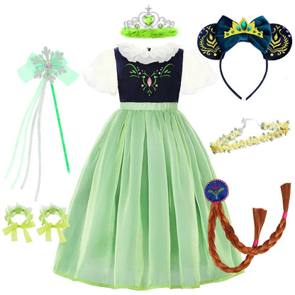 Robe de princesse de cosplay Anna pour filles, costume en maille à manches lanternes, pour fête d'anniversaire, carnaval, Halloween, robe de bal pour enfants