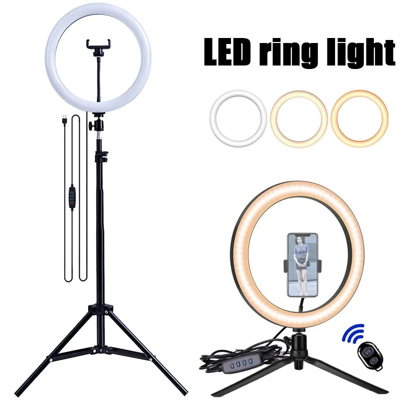 Anneau lumineux LED pour Selfie, intensité variable, éclairage de remplissage pour photographie, avec trépied, télécommande Bluetooth, pour téléphone, enregistrement vidéo en direct