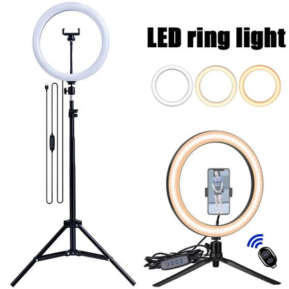 Anneau lumineux LED pour Selfie, intensité variable, éclairage de remplissage pour photographie, avec trépied, télécommande Bluetooth, pour téléphone, enregistrement vidéo en direct