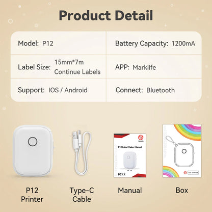 Inkless Label Printer P12 Portable Mini Printer Bluetooth Wireless Thermal Printer Auto Cut Labeling Machine or 5PK Label Rolls