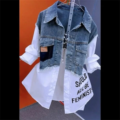 Women's denim jacket, fake two denim shirts, new spring-summer autumn 2025 collection, casual fashion, Joker stitching, striped tops, feminine coat