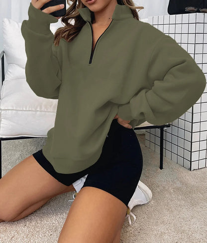 Women Sweatshirts Turn Down Collar Zipper Pullovers Long Sleeve Spliced Thick Warm Sweatshirt Outwear Autumn Winter 2024