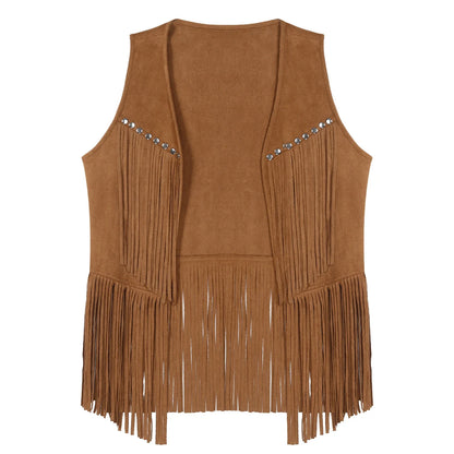 Men Halloween Western Cowboy Cosplay Costume Faux Suede Tassel Rivets Vest Waistcoat Motorcycling Rave Party Nightclub Outerwear