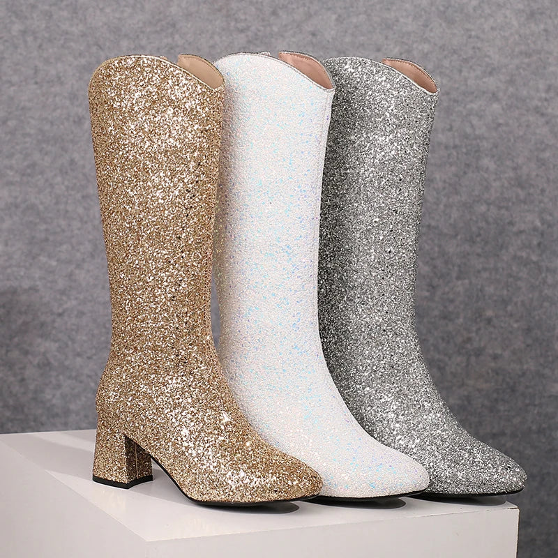 Bottes Hautes Scintillantes pour Femme, Ajustement Confortable, Talons 6,5 cm, Hiver 2024