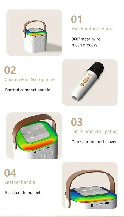 Mini karaoke machine, LED speaker with Bluetooth, suitable for family birthday party, microphone for girls and boys.