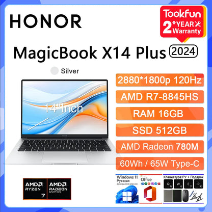 Ordinateur portable HONOR MagicBook X14 Plus 2024 AMD Ryzen R7 8845HS 16 32GB 1TB 14" Pouces 2.8K 120Hz Ultrabook Ordinateur PC FMI-721