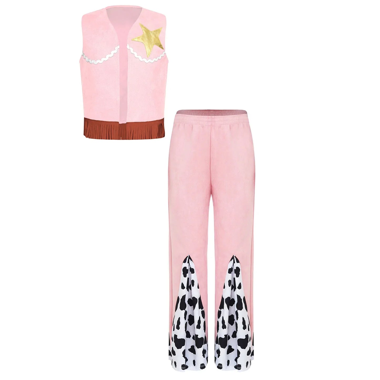 Déguisement de cow-boy/cow-girl western d'Halloween pour filles, gilet à franges étoiles et pantalon évasé imprimé vache, tenues de carnaval