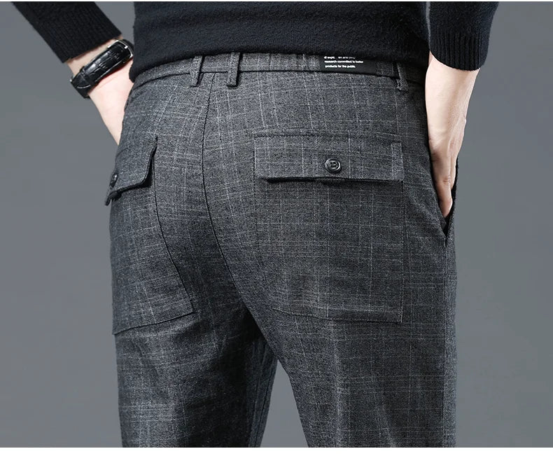 Autumn Winter New Fleece Thickened Casual Pants Men Business Straight Slim Plaid Pants Black Gray Men's Warm Trousers