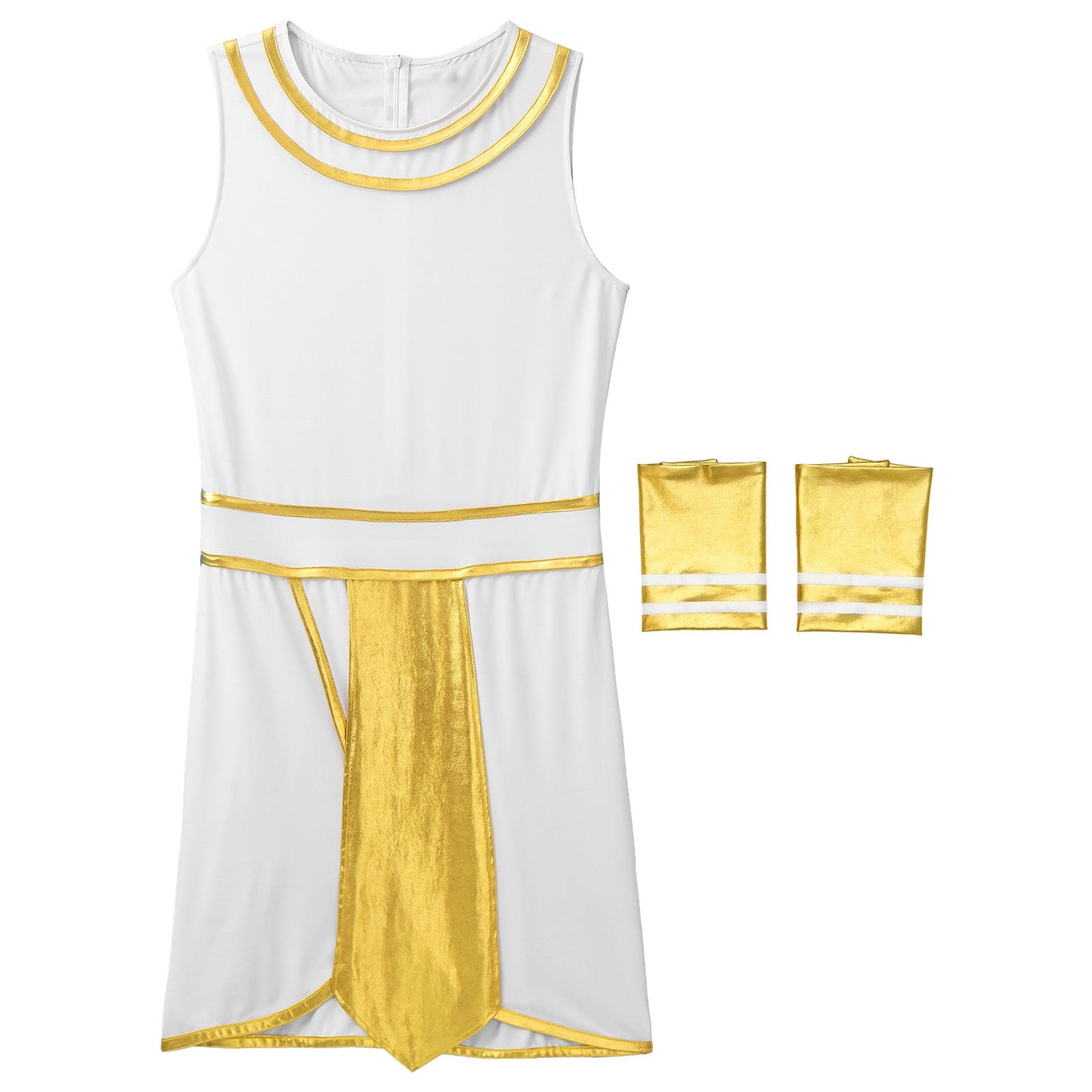 Mens Ancient Egypt Costume Adults Halloween Masquerade Cosplay Carnival Party Dress Sleeveless Themed Roleplay Dress with Cuffs