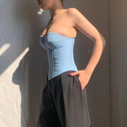 Harajuku Casual Female Imitation Cowboy Vest 2024 New Fashion Wrapped Chest Backless Strap Waist Solid Color Fishbone Tops Femal