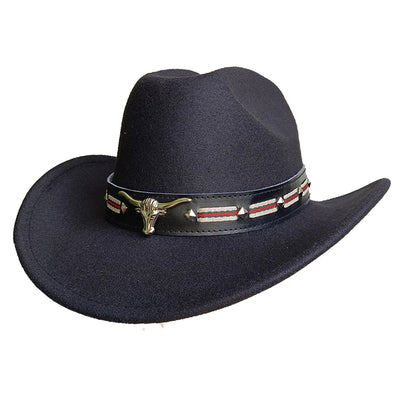 Ethnic Style Cowboy Hat Fashion Chic Unisex Solid Color Jazz Hat With Bull Shaped Decor Western Cowboy Hats