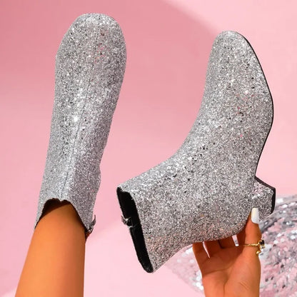 Bottes à paillettes et sequins pour femmes, avec fermeture éclair, talons épais, bottines à bout rond, chaussures de soirée pour femmes