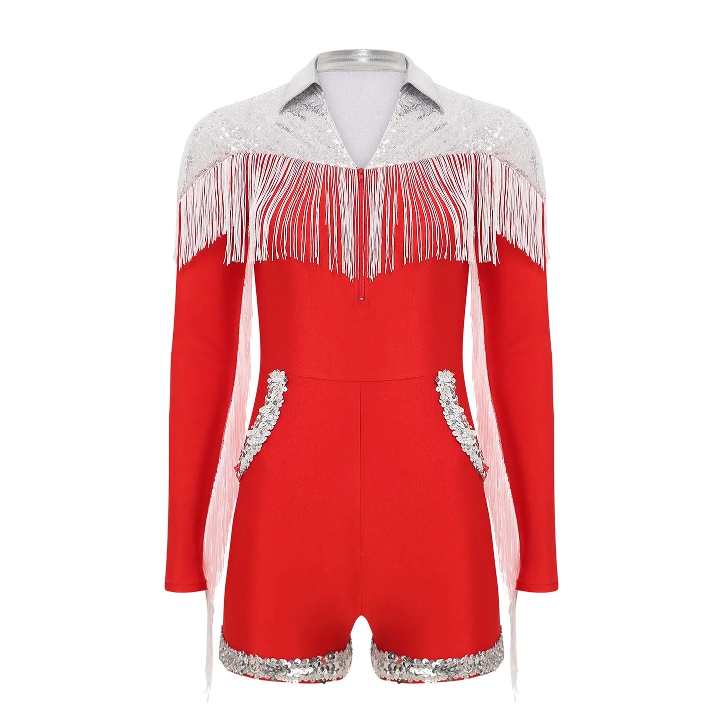 Womens Sequins Western Cowgirl Cosplay Costume Tassel Fringe Boyshorts Rompers 70s 80s Disco Bodysuit Front Zip Playsuit
