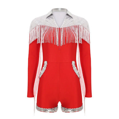 Womens Sequins Western Cowgirl Cosplay Costume Tassel Fringe Boyshorts Rompers 70s 80s Disco Bodysuit Front Zip Playsuit