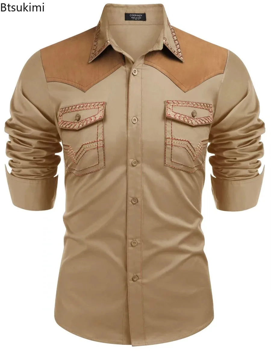 Chemise style cowboy western pour homme, printemps-automne 2025, manches longues, revers, vêtements décontractés et tendance