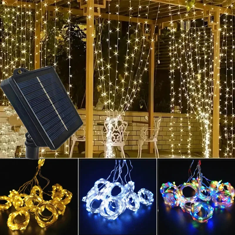 Rideau lumineux solaire 600/300/200/100LED, guirlande lumineuse féerique d'extérieur, décorations de noël et de mariage, décoration de jardin