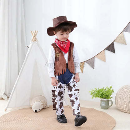 Déguisement de cow-boy pour bébé, tout-petit, enfant, garçon, ensemble de luxe avec chapeau de cow-boy pour les fêtes de Pourim, Halloween