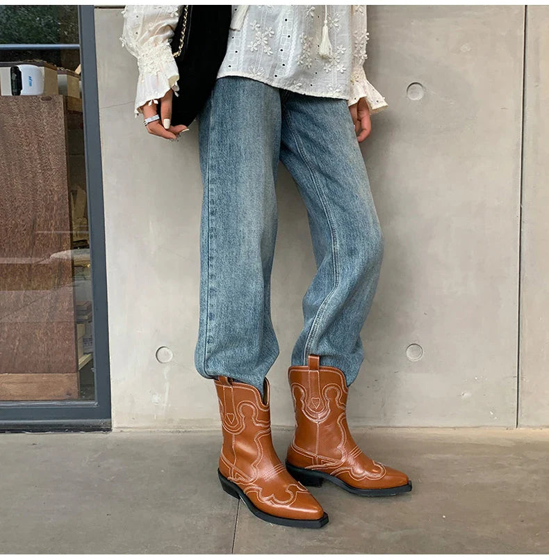 Ods Cowboy Western Boots For Women Real Leather Embroidered Pointed Toe Mid-calf Western Boot Retro Fashion Casual High Quality