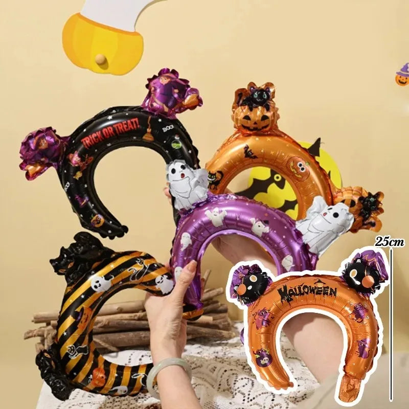 50/5pcs Halloween Balloon Headband Foil Balloons Stick Aluminum Film Inflatable Balloon Skeleton Pumpkin Hair Hoop Party Props