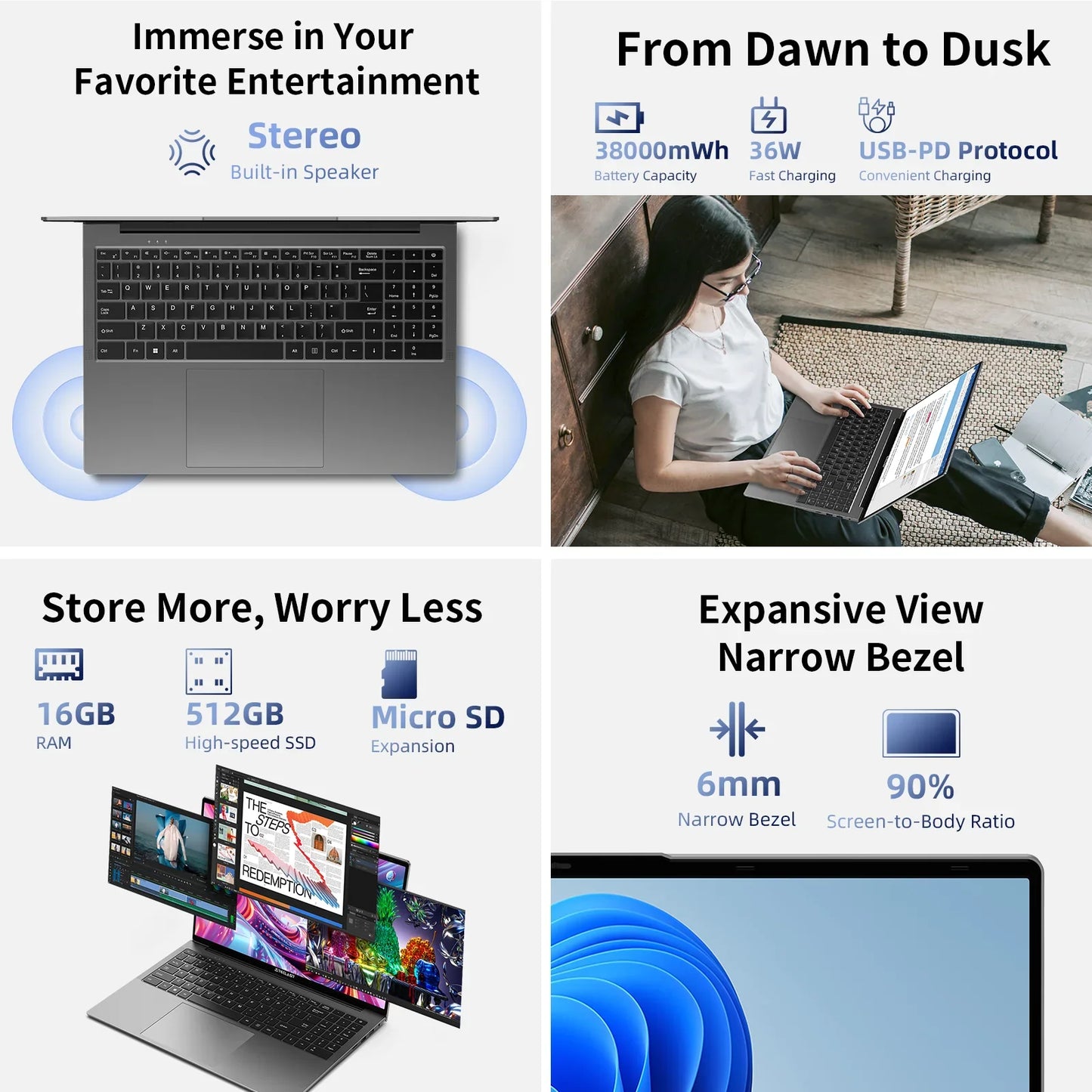 Ordinateur portable TECLAST F16 Air 16 pouces, rabattable à 180 degrés, 16 Go + 512 Go, processeur Intel N95, Windows 11, mini HDMI, clavier rétroéclairé