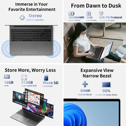 TECLAST F16 Air 16 inch laptop, Flip 180 degree, 16GB + 512GB, for Intel N95 CPU, Windows 11, mini HDMI, backlit keyboard