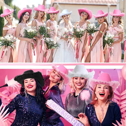 Ensemble de chapeaux de Cowboy roses, 3 pièces, chapeaux de fête d'enterrement de vie de jeune fille, chapeaux de Cowgirl occidentale en plumes, casquettes de Costume de fête + lunettes + mouchoir