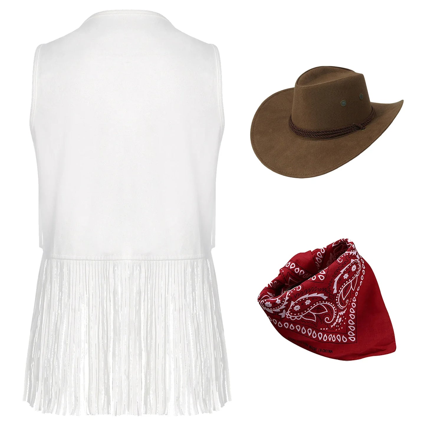 Women Cowboy Vest Halloween Party Western Cowgirl Cosplay Costume Faux Suede Tassel Fashion Rivets Waistcoat with Bandanna Hat