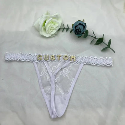 Tongs personnalisées avec nom pour petit ami, lettre en cristal, bijoux de corps pour femmes, Bikini Sexy en dentelle, culotte string, cadeau de saint valentin