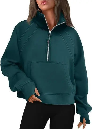 Sweat-shirt à col montant pour femme, sweat à capuche pour document solide, manches longues, poche adt, demi-fermeture éclair, pull sportif, haut streetwear, printemps, automne