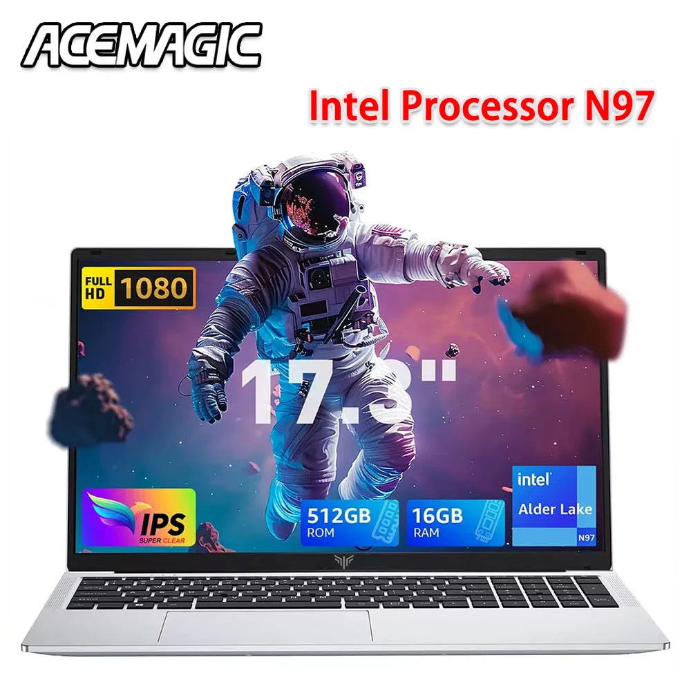 ACEMAGIC AX17 Intel Processor N97 17.3" Ultar Slim 6000MAH Laptop 16GB LPDDR4 RAM 512GB ROM Windows 11 BT5.2 Wifi 6 Notebook