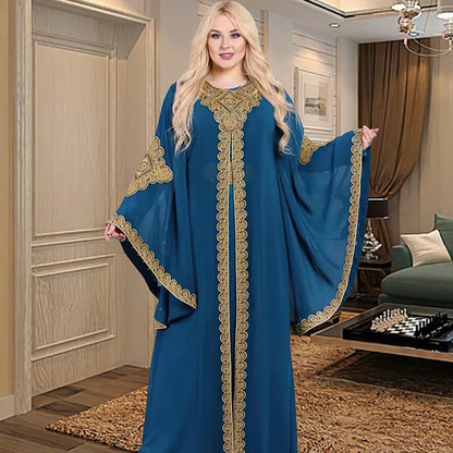 Abaya-Robes de soirée pour femmes, caftan musulman, manches évasées, robe brodée en dentelle dorée, trempée Jalabiya, Ramadan, ensemble de 2 pièces