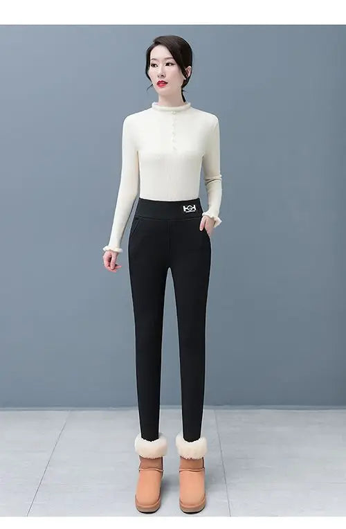 Leggings en laine d'agneau femmes taille haute Leggings chauds en plein air marche pantalons décontractés extensible maigre avec poche Leggings élégants