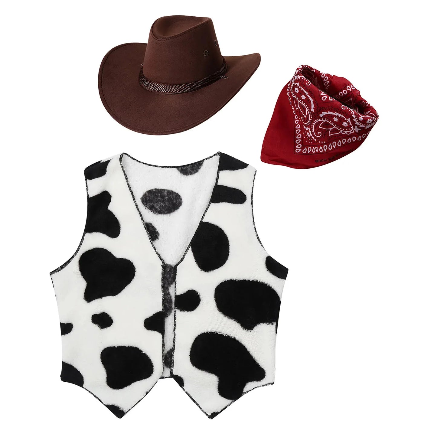 Wild West Cowboy and Cowgirl Costume, Halloween Outfit, Fringe Sleeveless Vest with Bandana and Hat