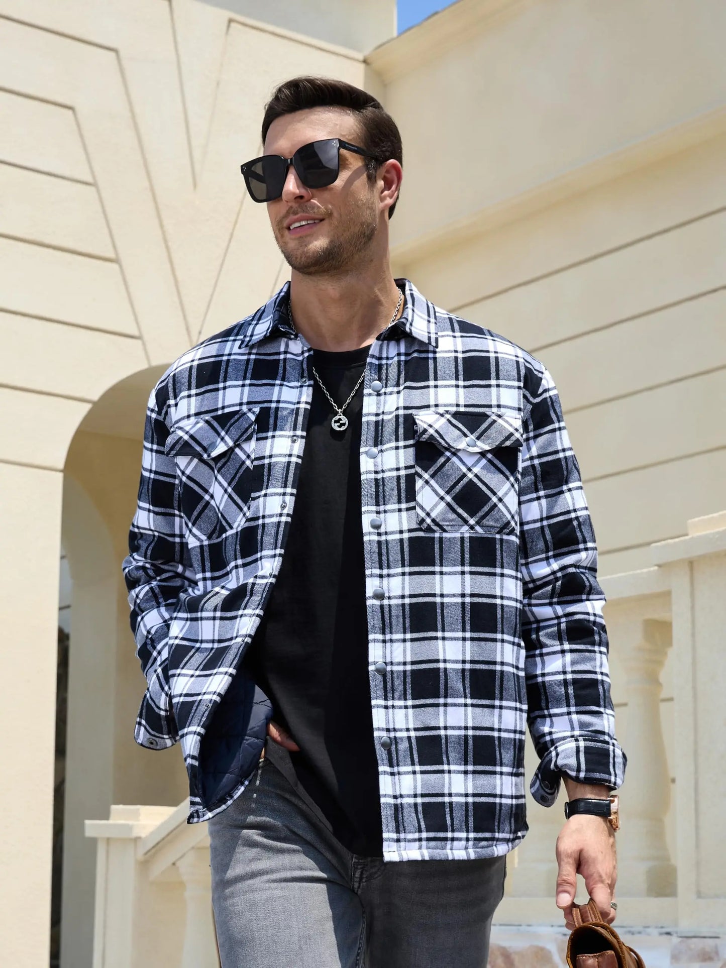 TACVASEN Winter Plaid Cotton Jackets Mens Long Sleeve Quilted Lined Flannel Shirt Jacket Multi-Pockets Outwear Hiking Coats Tops