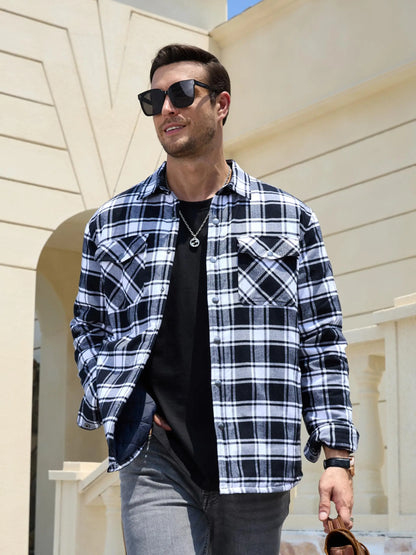 TACVASEN Winter Plaid Cotton Jackets Mens Long Sleeve Quilted Lined Flannel Shirt Jacket Multi-Pockets Outwear Hiking Coats Tops