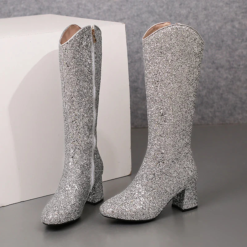 Bottes Hautes Scintillantes pour Femme, Ajustement Confortable, Talons 6,5 cm, Hiver 2024