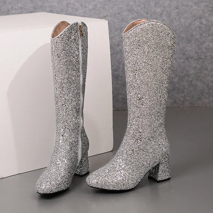 Bottes Hautes Scintillantes pour Femme, Ajustement Confortable, Talons 6,5 cm, Hiver 2024