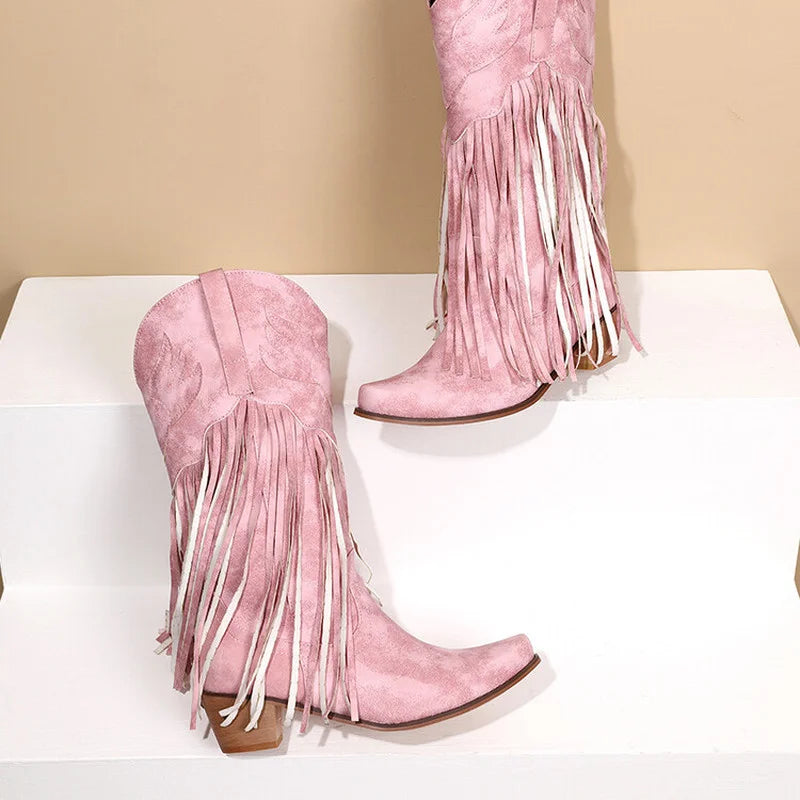 Nouvelles bottes de cowboy rétro ethniques pour femmes avec pompon à talon moyen, chaussures d'hiver pour femmes