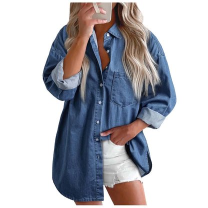New 2024 Casual Fashionable Denim Shirts Wild Pockets Korean Style Autumn Summer Women'S Blouses Minimalist Lady Tops