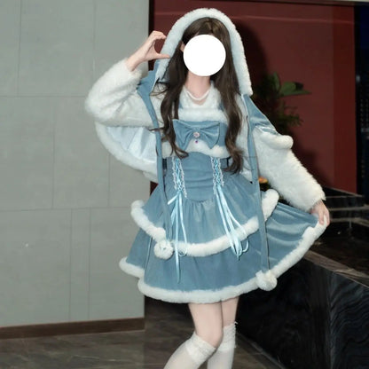 NONSAR-Ensembles de robes Lolita Kawaii japonaises pour femmes, châle à capuche, nœud, mini robe à bretelles, style coréen, doux, rouge, Noël, nouvel an imbibé