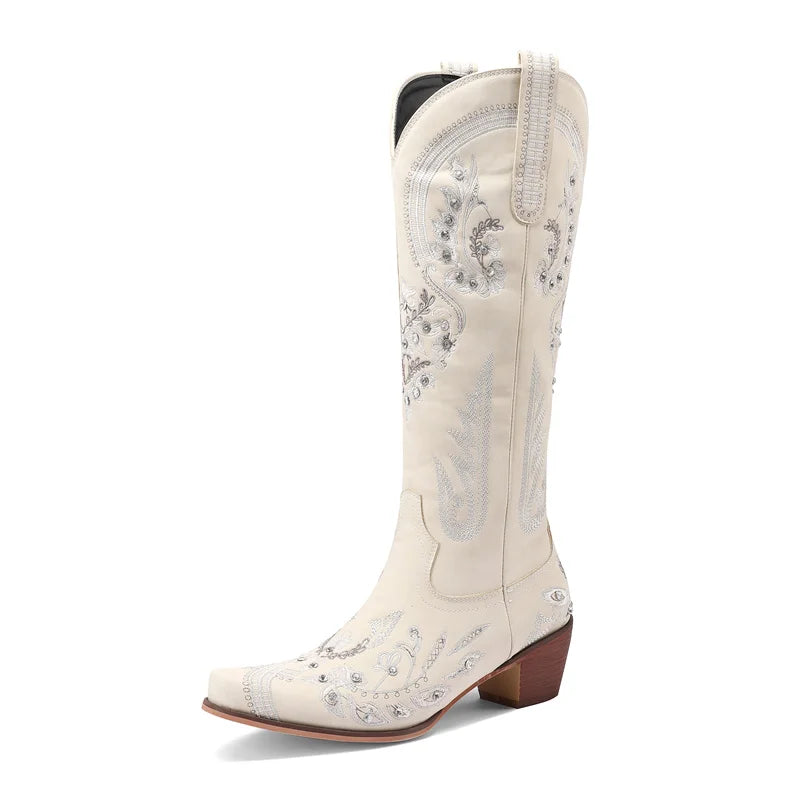 Bottes de cowboy occidentales au genou pour femmes, broderie de fleurs, biscuits, blanc, marron, rond, Parker, talons hauts, rétro, bottes longues de cowgirl