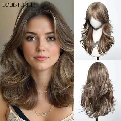 Brown Blonde Ombre Synthetic Wigs for Women Medium Length Wavy Layered Wigs With Side Bangs Daily Party Heat Resistant Fake Hair
