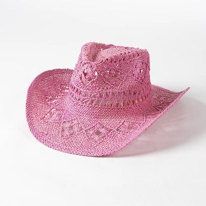 Chapeau de paille de cowboy vert matcha, tissé à la main, creux, pour hommes et femmes, chapeau de soleil d'été, chapeau de paille de cowboy occidental