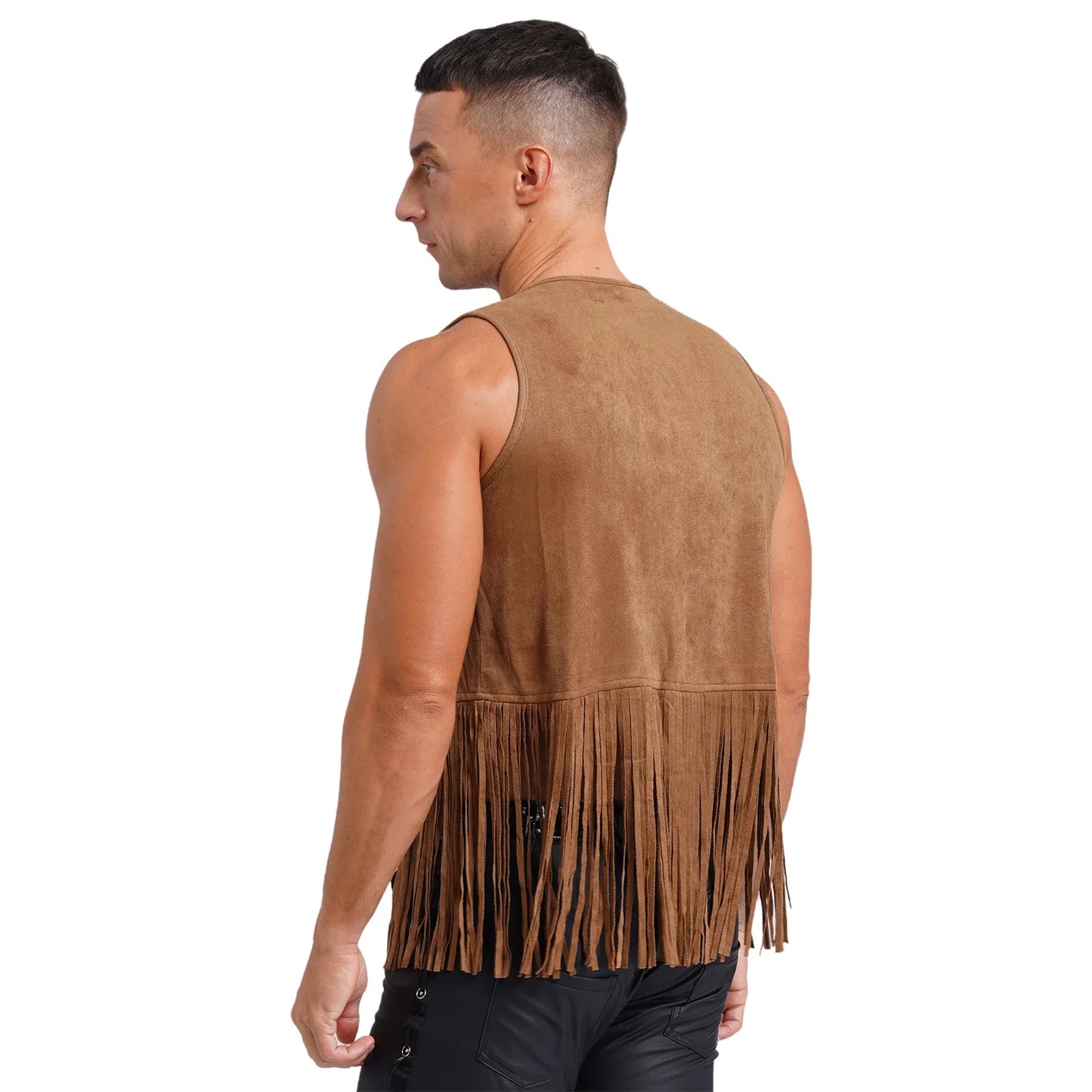 Gilet de cow-boy Western Halloween pour homme, en similicuir suédé, à pampilles et rivets, pour le motocyclisme, les raves, les fêtes et les boîtes de nuit