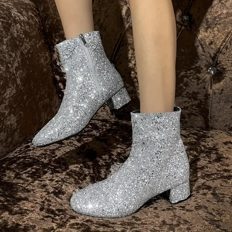 Bottes Courtes Femme Luxe Extérieur Designer Paillettes Bout Rond Chaussures de Soirée pour Femme Bottes à Talon Épais à Paillettes et Fermeture Éclair Femme